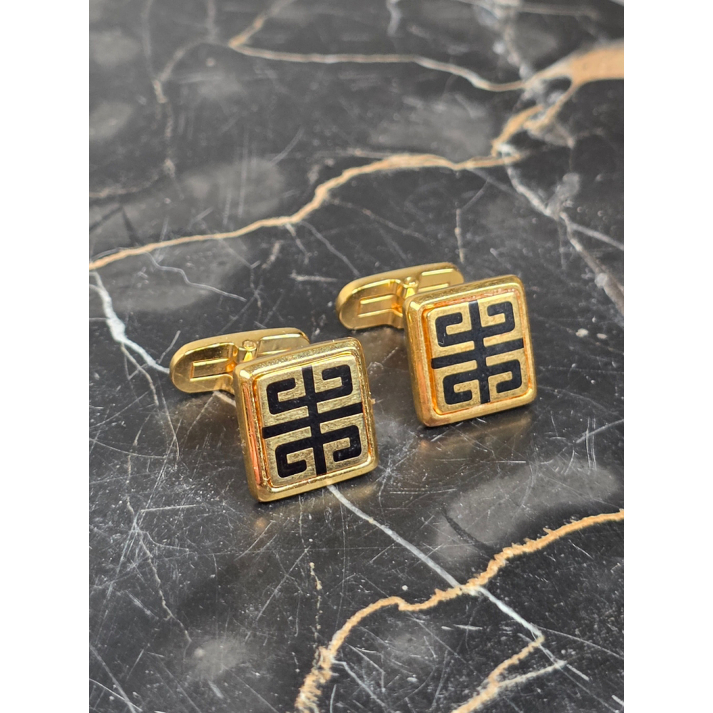 Vintage Givenchy Paris 4G Logo Black Enamel Gold Cufflinks